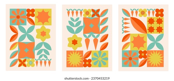 Geometric posters in trendy retro-naive style with an abstract geometric floral pattern. Shapes of natural flower plants. Vector flat illustration