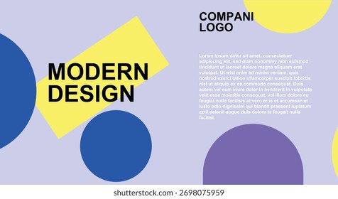 Geometric presentation featuring blue circles, yellow triangles and circles, purple circle alongside company logo and sample text. Displayed on a light-purple backdrop.