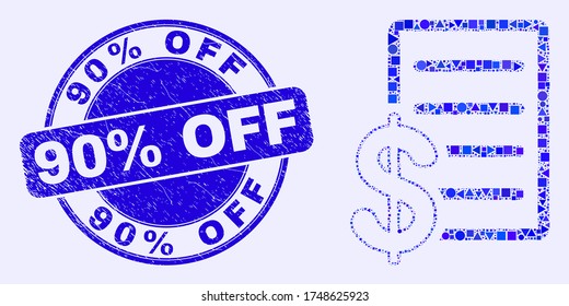 Geometric price list mosaic pictogram and 90% Off seal stamp. Blue vector rounded scratched seal stamp with 90% Off phrase. Abstract concept of price list organized of spheric, triangles,