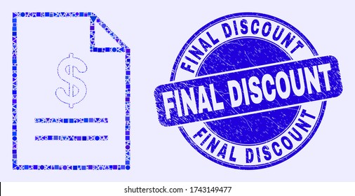 Geometric price list page mosaic icon and Final Discount seal. Blue vector round grunge seal with Final Discount message. Abstract mosaic of price list page combined of sphere, tringle,