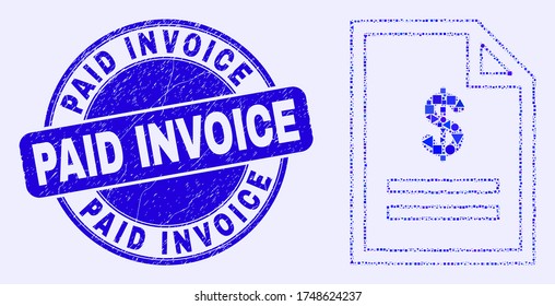 Geometric price page mosaic pictogram and Paid Invoice stamp. Blue vector round scratched seal stamp with Paid Invoice phrase. Abstract mosaic of price page combined of sphere, tringle,