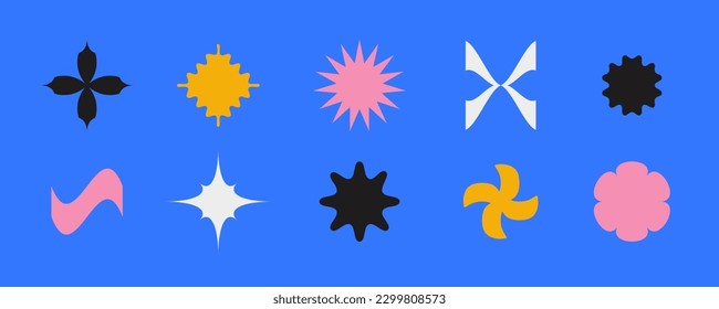 Colección de formas primitivas geométricas. Estrellas abstractas, flores, formas de olas decoradas al estilo suizo o bauhaus. Los elementos de Memphis se empaquetan para afiches, pancartas, collage. Señales vectoriales establecidas. 