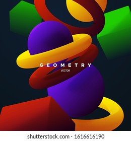 Geometric primitives banner. Abstract background. Vector minimal illustration. Bright gradient shapes textured with halftone lights and shadows. Creative cover design. Architectural poster concept