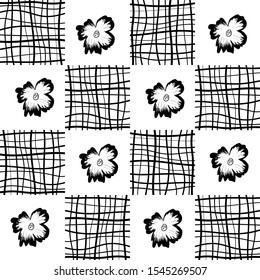 Geometric print black on white with squares abstract flowers and a pattern of grid lines. pattern in scandinavian design. Abstract background for fabric, interior, wallpaper, paper, home textile.