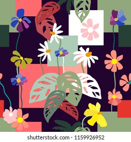 Geometric print with floral motifs. Squares, flowers and palm leaves. On dark background.