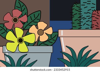 Geometric print with floral motifs. Squares, flowers and leaves. Flat design