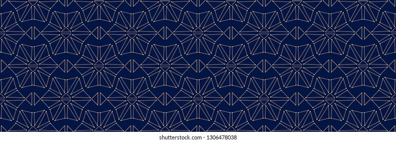 Geometric print. Golden pattern on dark blue seamless background