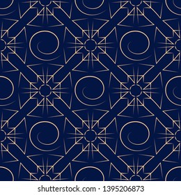 Geometric print. Golden pattern on dark blue seamless background. Vector illustration