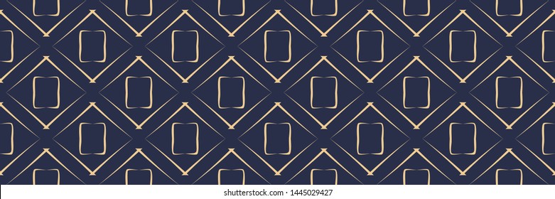 Geometric print. Golden pattern on long dark blue seamless background. Vector illustration