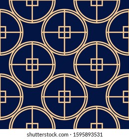 Geometric print. Golden pattern on dark blue seamless background. Vector illustration