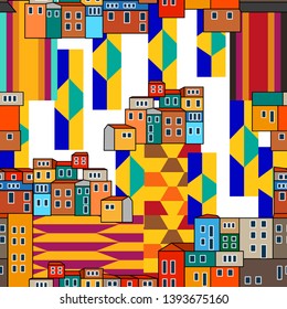 Geometric print with houses. Artistic seamless vector pattern with African Motifs. Template for textile, cards, covers.