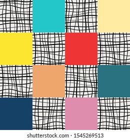 Geometric print with squares of different colors and a pattern of grid lines. Geometric pattern vector background in scandinavian design. Abstract background for fabric, interior, wallpaper, paper.