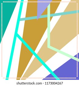 Geometric print with tropical motifs. Silk scarf with lines and triangles. Oriental textile collection. Golden, white, green pastel palette.