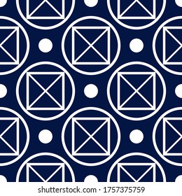 Geometric print. White pattern on dark blue seamless background. Vector illustration