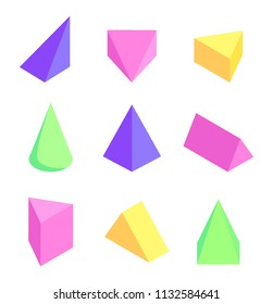 Geometric prisms set, colorful vector illustration with triangular, cone and square pyramid, tetrahedron isometric view on color figures