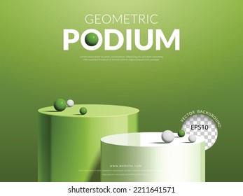 Geometric product display concept, green and white podium with ball on green background, vector illustration