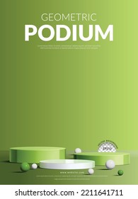 Geometric product display concept, three step green and white cylinder podium with ball on green background, vector illustration