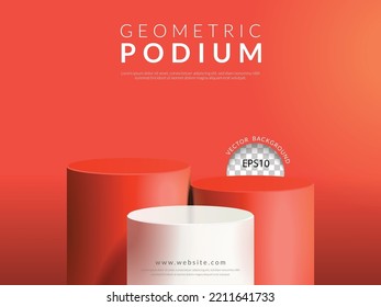 Geometric product display concept, three step white and orange cylinder podium on orange background, vector illustration