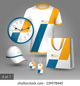Geometric promotional souvenirs design for company with yellow and blue square shapes. Elements of stationery.