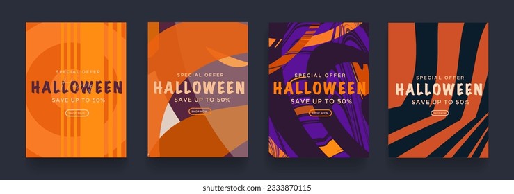 Geometric Psychedelic Halloween Retro Set in Yellow, Orang, Violet Colors. 3d Art 50s of Hippy Autumn Design. Background Stripe Trippy offer 50% for Banner, Poster, Card, Cover. Vector illustration.