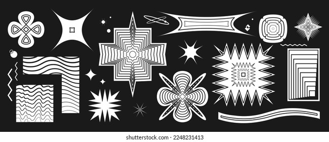 Geometric psychedelic shapes in black and white based on a square, zigzag, line. Vector illustration of abstract symmetrical objects