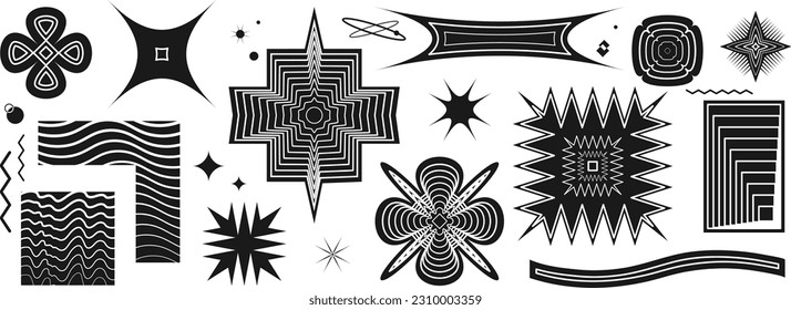 Geometric psychedelic shapes in black and white based on a square, zigzag, line. Vector illustration of abstract symmetrical objects