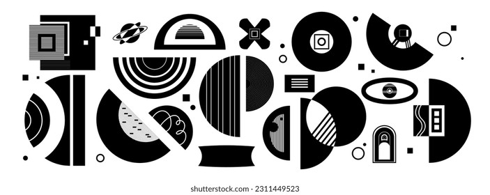 Geometric psychedelic shapes in black and white based on circle, square, zigzag, line. Vector illustration of abstract symmetrical objects