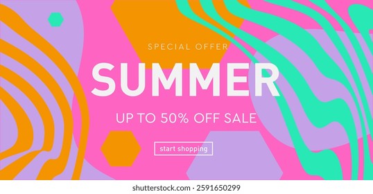Geometric Psychedelic Summer Background in Yellow, Pink, Orange, Blue, Turquoise Colors. 3d art 50s of Hippy Illusion. Retro Wavy Trippy Patterns offer 50% for Banner, Poster, Card, Cover.