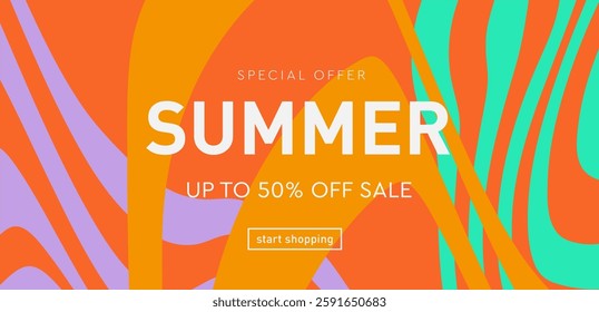 Geometric Psychedelic Summer Background in Yellow, Pink, Orange, Blue, Turquoise Colors. 3d art 50s of Hippy Illusion. Retro Wavy Trippy Patterns offer 50% for Banner, Poster, Card, Cover.
