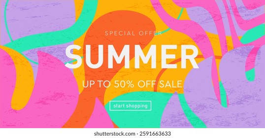 Geometric Psychedelic Summer Background in Yellow, Pink, Orange, Blue, Turquoise Colors. 3d art 50s of Hippy Illusion. Retro Wavy Trippy Patterns offer 50% for Banner, Poster, Card, Cover.