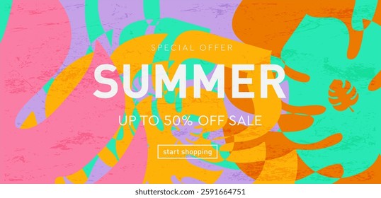 Geometric Psychedelic Summer Background in Yellow, Pink, Orange, Blue, Turquoise Colors. 3d art 50s of Hippy Illusion. Retro Wavy Trippy Patterns offer 50% for Banner, Poster, Card, Cover.