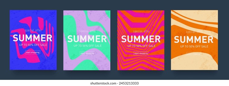 Geometric Psychedelic Summer Retro Set Yellow, Pink, Blue, Turquoise Colors. 3d art 50s of Hippy Illusion. Background Wavy Trippy Patterns Offer 50% for Banner, Poster, Card, Cover.