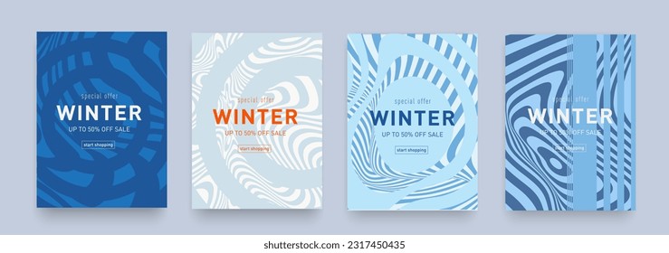 Geometric Psychedelic Winter Retro Set Blue, White Colors. 3d art 50s of Hippy Illusion. Background Wavy Trippy Patterns offer 50% for Banner, Poster, Card, Cover.