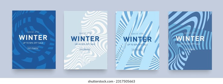 Geometric Psychedelic Winter Retro Set Blue, White Colors. 3d art 50s of Hippy Illusion. Background Wavy Trippy Patterns offer 50% for Banner, Poster, Card, Cover.