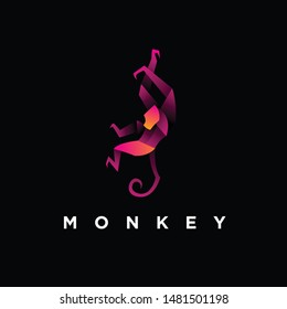 geometric purple  monkey logo design vector, combined red and orange color in black background. change able color and work well in both dark and light background