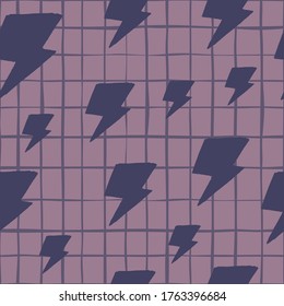 Geometric purple thunder backdrop seamless pattern on pink background. Lightning bolts. Thunderbolt wallpaper. Decorative backdrop for fabric design, textile print, wrapping. Vector illustration