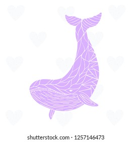 Geometric purple whale, on a background of blue hearts. Can be used for sea store, ocean products, eco company, camp or business - Vector