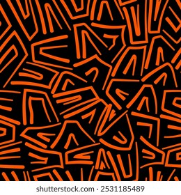 A geometric puzzle with interlocking shapes in orange, set against a black background. Seamless pattern background.