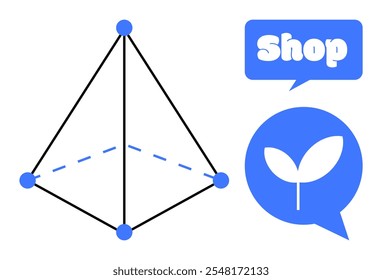 Pirâmide geométrica com pontos conectados e linha interna tracejada no lado esquerdo. Bolhas de fala azuis com texto Compras e ícone de folha no lado direito. Ideal para varejo, comércio eletrônico, jardinagem, natureza