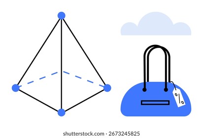 Pirâmide geométrica com pontos e linhas tracejadas, saco de compras com etiqueta de preço e nuvem. Ideal para arte digital, comunicação, turismo, educação, tecnologia e-commerce minimalismo. Metáfora de linha