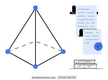 Geometric pyramid with nodes, a rolled document with a checkmark, and three stacked books. Ideal for education, geometry, documentation, knowledge, and academic studies. Minimalist, modern, clean
