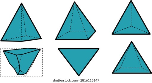 Geometric Pyramid Vector Illustration Set with 3d Triangle Prism and Polygon Shapes for Mathematics and Archit