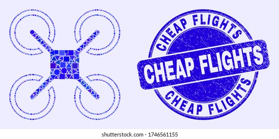 Geometric quadcopter mosaic icon and Cheap Flights seal. Blue vector round textured seal stamp with Cheap Flights message. Abstract mosaic of quadcopter composed of round, tringle,