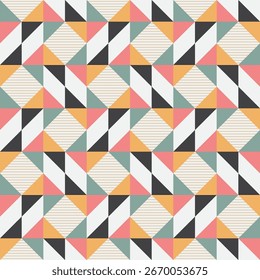 Geometric quilt blocks design, seamless repeating vector pattern, Abstract simple geometric background for fabric, textile design or interior decoration. Muted retro colors