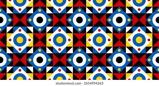 Geometric Quilt Inspired Seamless vector Pattern, retro colors