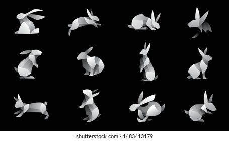 geometric rabbit design vector set , combined grey and little bit white  color in black background. change able color and work well in both dark and light background