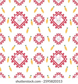 Geometric Rabbit Pattern with Carrots - Repeating Design, Bunny Pattern Fabric - Red Diamond Carrot Design, Spring Textile Pattern - Rabbit and Carrot Motif, Repeating Rabbit Carrot Pattern