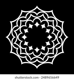 Geometric Radial Circular White Pattern Mandala on Black Background. Decorative Circle Design Element. Vector Art.