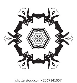 Geometric Radial Hexagonal Mandala with Bold Abstract Edges and Intricate Symmetrical Patterns