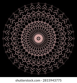 Geometric radial pattern of interconnected arrow and circle symbols in soft pink on black radial symmetry
